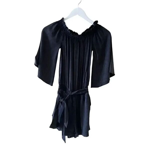 Chaser Black Short Romper Drawstring Elastic Waist Boho Minimalist Dress M - Picture 1 of 10